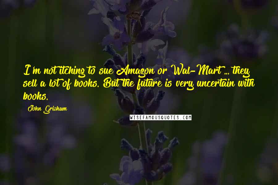 John Grisham Quotes: I'm not itching to sue Amazon or Wal-Mart ... they sell a lot of books. But the future is very uncertain with books.