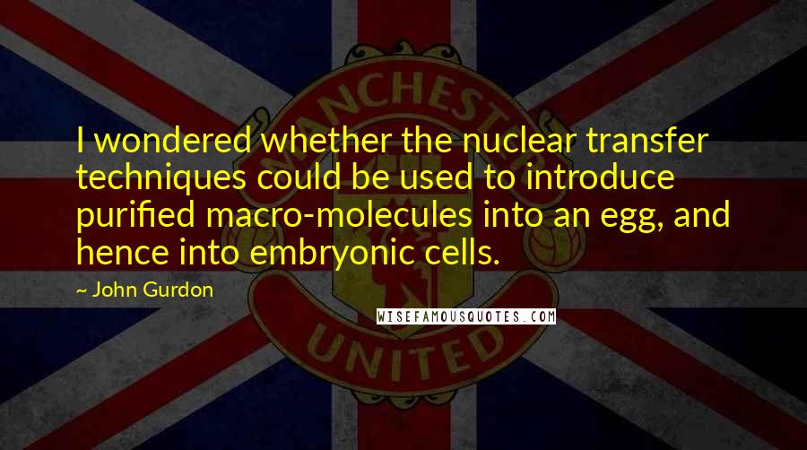 John Gurdon Quotes: I wondered whether the nuclear transfer techniques could be used to introduce purified macro-molecules into an egg, and hence into embryonic cells.