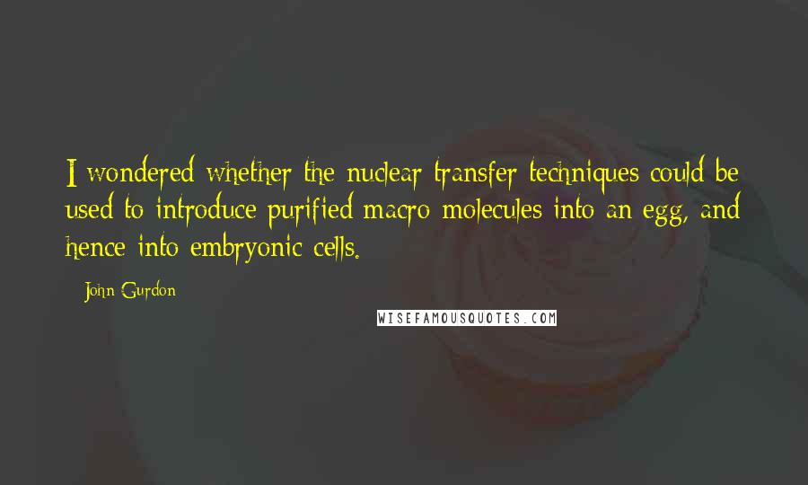 John Gurdon Quotes: I wondered whether the nuclear transfer techniques could be used to introduce purified macro-molecules into an egg, and hence into embryonic cells.