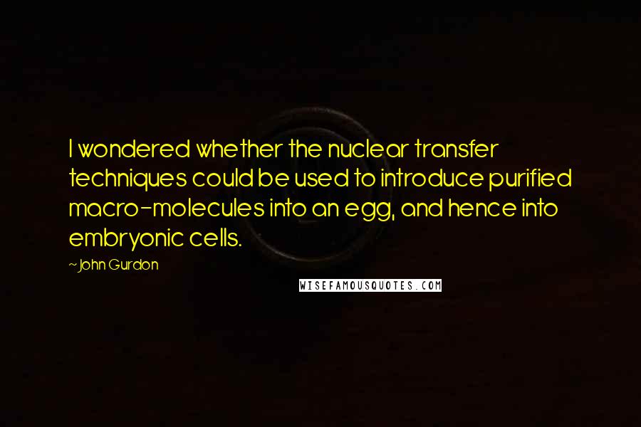 John Gurdon Quotes: I wondered whether the nuclear transfer techniques could be used to introduce purified macro-molecules into an egg, and hence into embryonic cells.