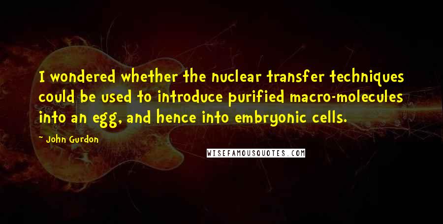 John Gurdon Quotes: I wondered whether the nuclear transfer techniques could be used to introduce purified macro-molecules into an egg, and hence into embryonic cells.