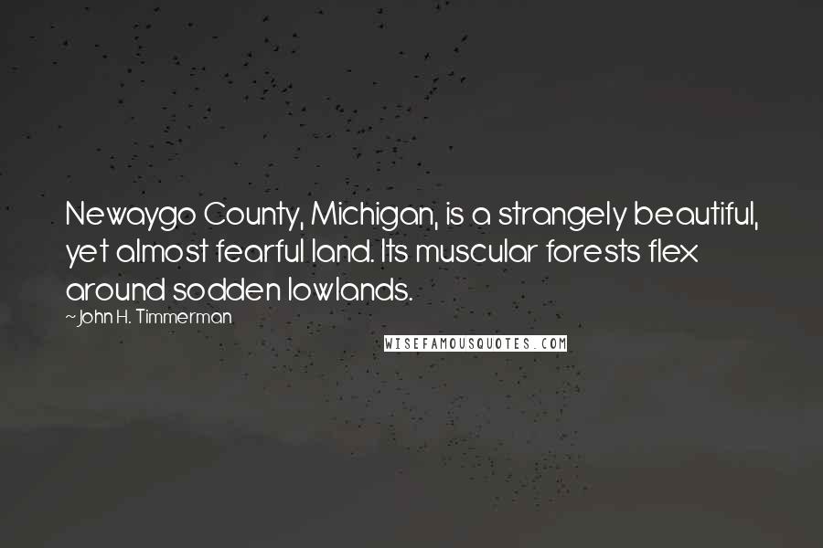 John H. Timmerman Quotes: Newaygo County, Michigan, is a strangely beautiful, yet almost fearful land. Its muscular forests flex around sodden lowlands.