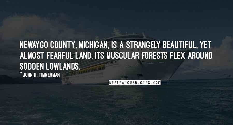 John H. Timmerman Quotes: Newaygo County, Michigan, is a strangely beautiful, yet almost fearful land. Its muscular forests flex around sodden lowlands.