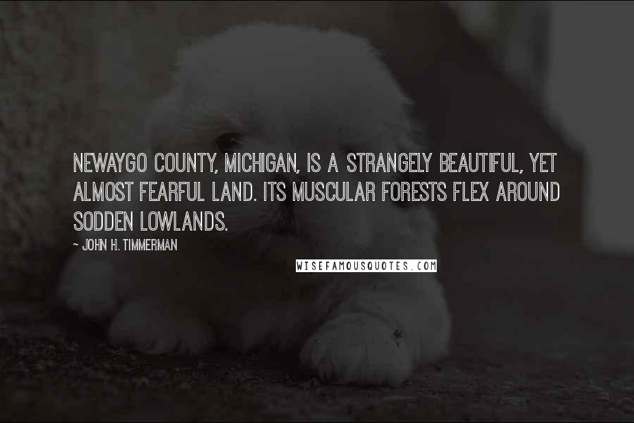 John H. Timmerman Quotes: Newaygo County, Michigan, is a strangely beautiful, yet almost fearful land. Its muscular forests flex around sodden lowlands.