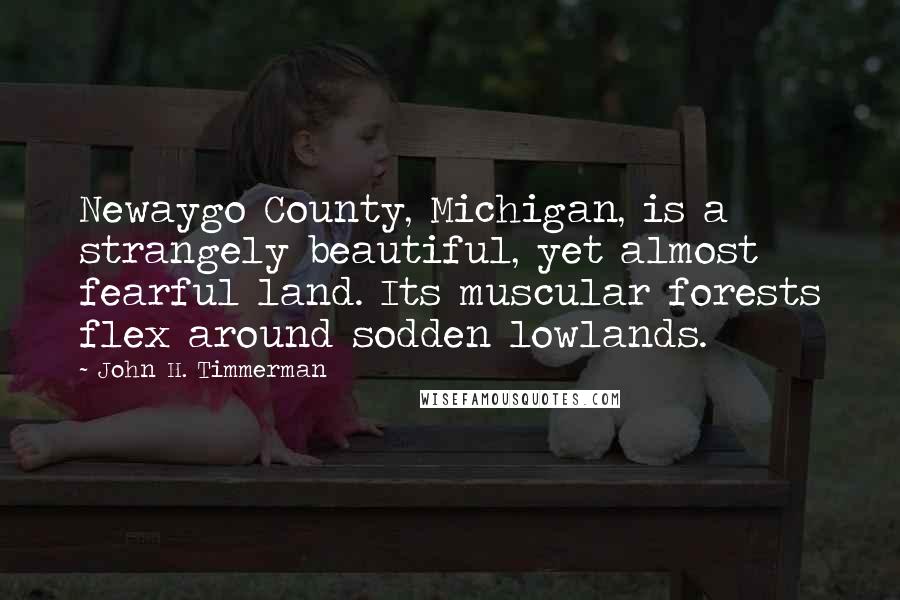 John H. Timmerman Quotes: Newaygo County, Michigan, is a strangely beautiful, yet almost fearful land. Its muscular forests flex around sodden lowlands.