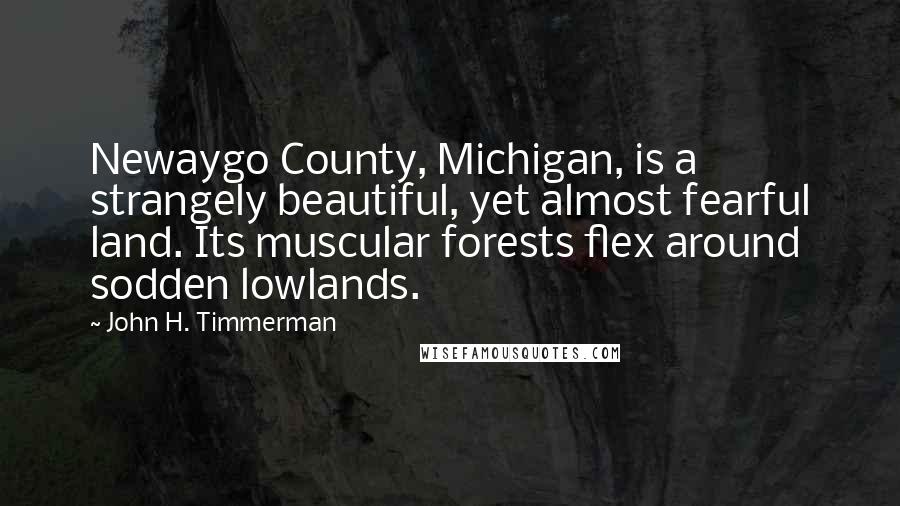 John H. Timmerman Quotes: Newaygo County, Michigan, is a strangely beautiful, yet almost fearful land. Its muscular forests flex around sodden lowlands.