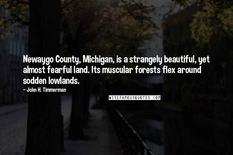 John H. Timmerman Quotes: Newaygo County, Michigan, is a strangely beautiful, yet almost fearful land. Its muscular forests flex around sodden lowlands.