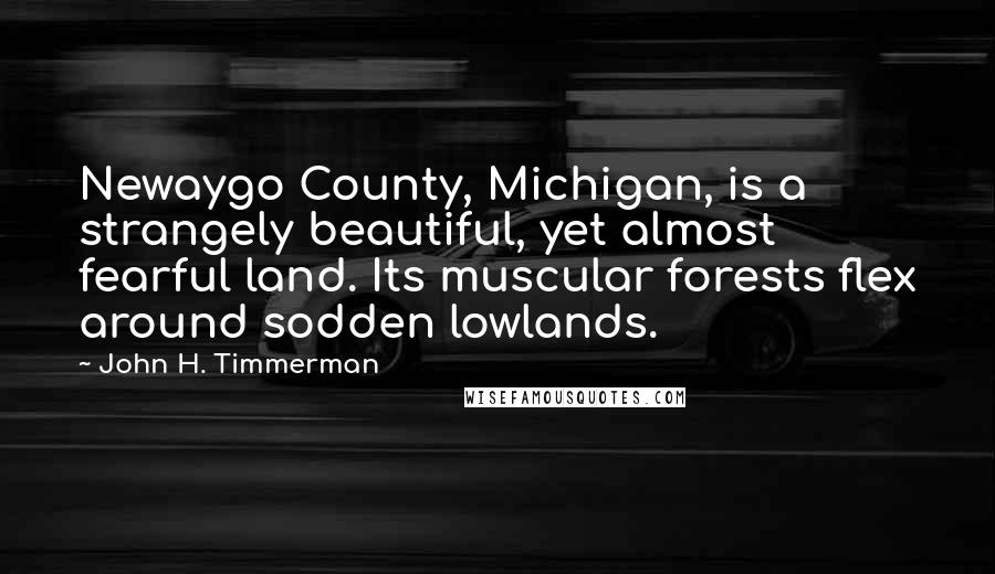 John H. Timmerman Quotes: Newaygo County, Michigan, is a strangely beautiful, yet almost fearful land. Its muscular forests flex around sodden lowlands.