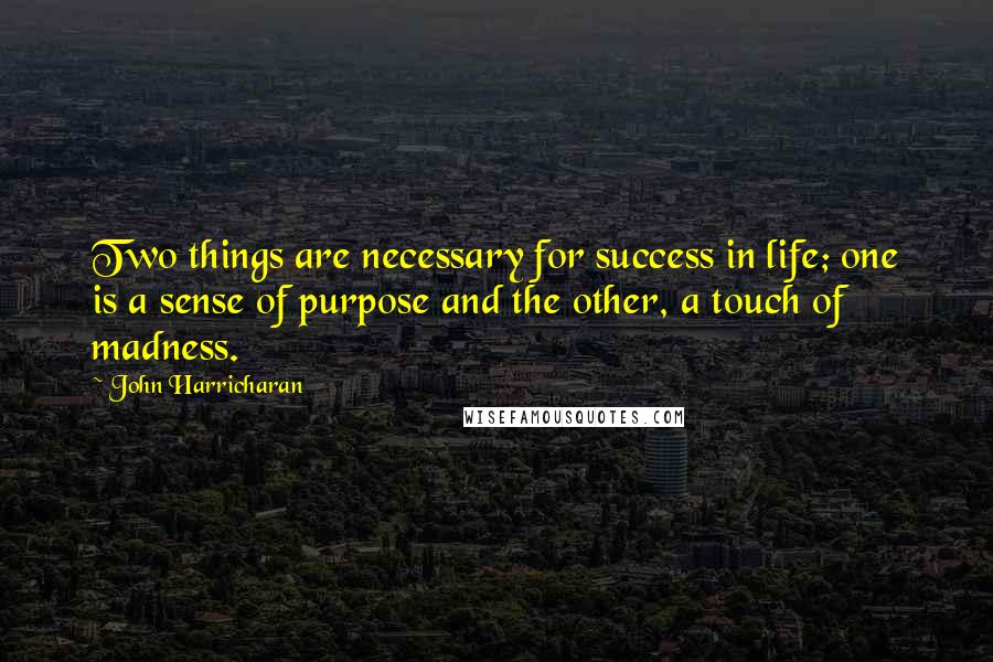 John Harricharan Quotes: Two things are necessary for success in life; one is a sense of purpose and the other, a touch of madness.