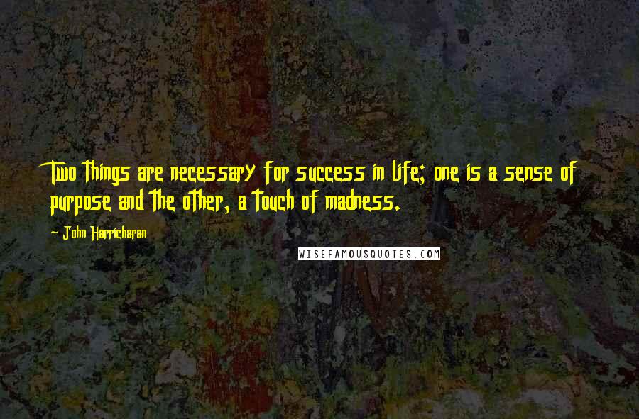 John Harricharan Quotes: Two things are necessary for success in life; one is a sense of purpose and the other, a touch of madness.