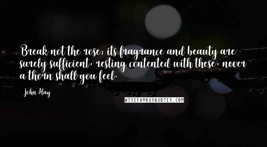 John Hay Quotes: Break not the rose; its fragrance and beauty are surely sufficient, resting contented with these, never a thorn shall you feel.