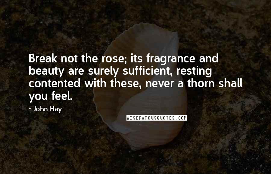 John Hay Quotes: Break not the rose; its fragrance and beauty are surely sufficient, resting contented with these, never a thorn shall you feel.