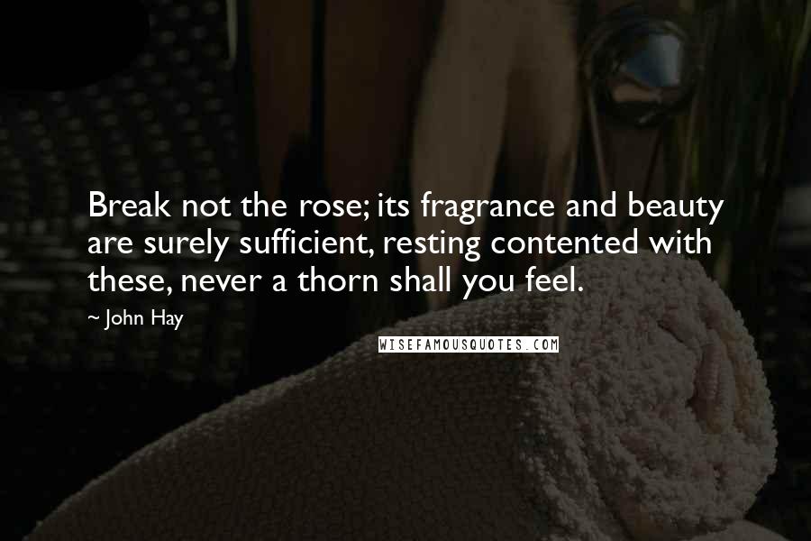 John Hay Quotes: Break not the rose; its fragrance and beauty are surely sufficient, resting contented with these, never a thorn shall you feel.