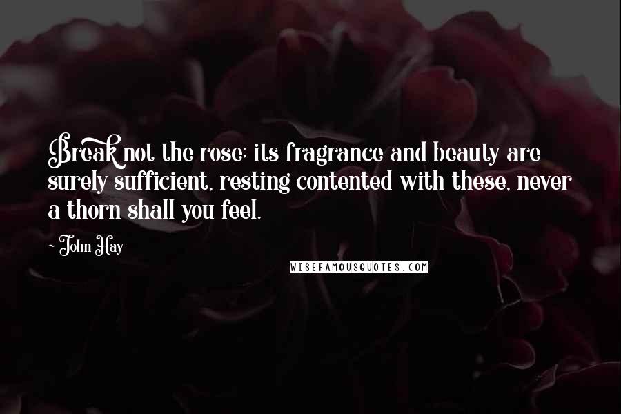 John Hay Quotes: Break not the rose; its fragrance and beauty are surely sufficient, resting contented with these, never a thorn shall you feel.