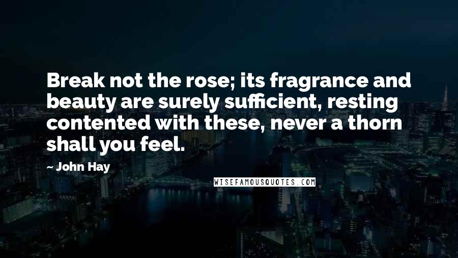 John Hay Quotes: Break not the rose; its fragrance and beauty are surely sufficient, resting contented with these, never a thorn shall you feel.