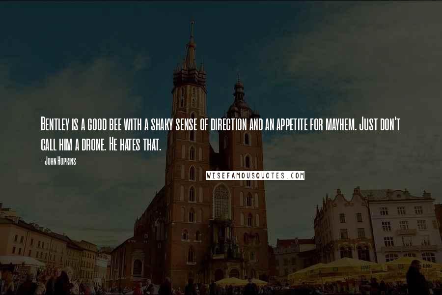 John Hopkins Quotes: Bentley is a good bee with a shaky sense of direction and an appetite for mayhem. Just don't call him a drone. He hates that.
