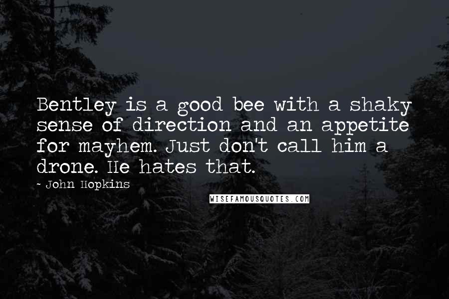 John Hopkins Quotes: Bentley is a good bee with a shaky sense of direction and an appetite for mayhem. Just don't call him a drone. He hates that.