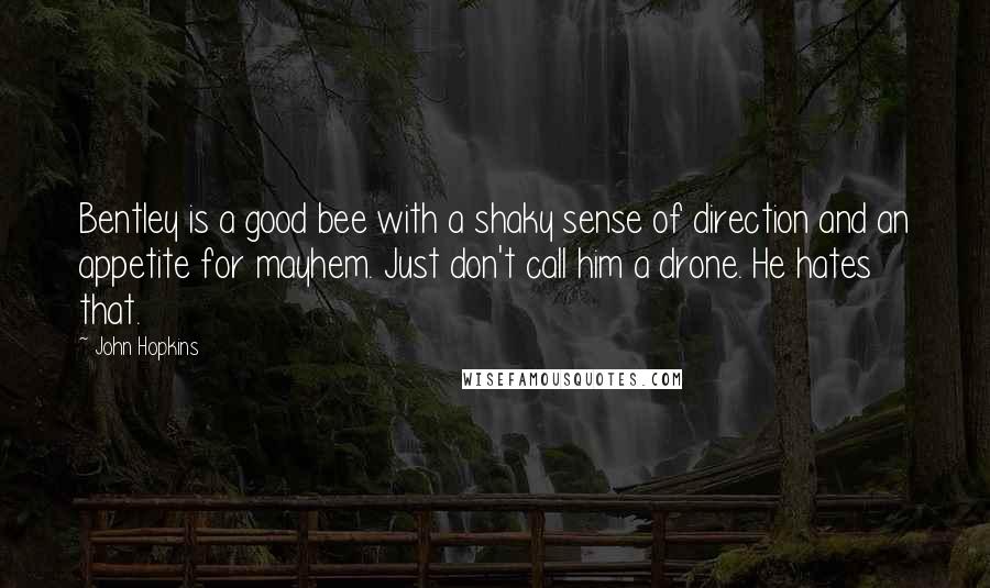 John Hopkins Quotes: Bentley is a good bee with a shaky sense of direction and an appetite for mayhem. Just don't call him a drone. He hates that.