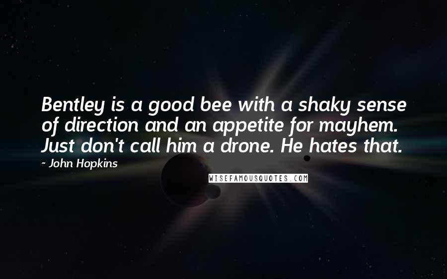 John Hopkins Quotes: Bentley is a good bee with a shaky sense of direction and an appetite for mayhem. Just don't call him a drone. He hates that.