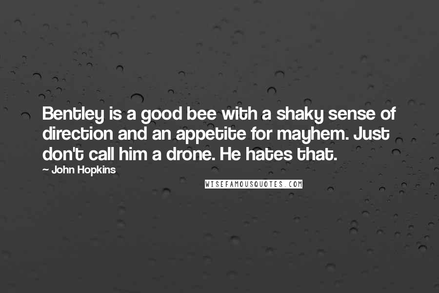 John Hopkins Quotes: Bentley is a good bee with a shaky sense of direction and an appetite for mayhem. Just don't call him a drone. He hates that.