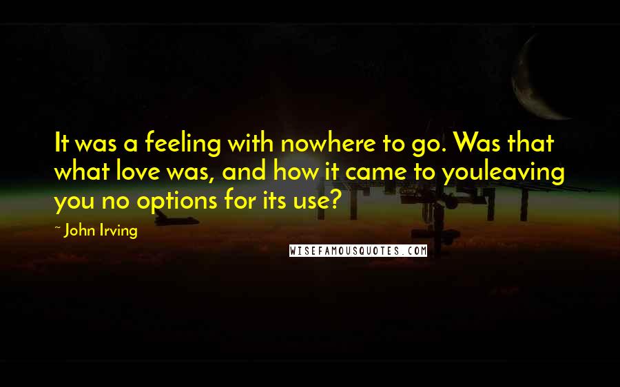 John Irving Quotes: It was a feeling with nowhere to go. Was that what love was, and how it came to youleaving you no options for its use?