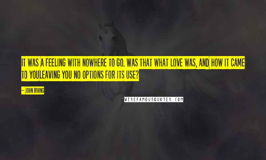 John Irving Quotes: It was a feeling with nowhere to go. Was that what love was, and how it came to youleaving you no options for its use?