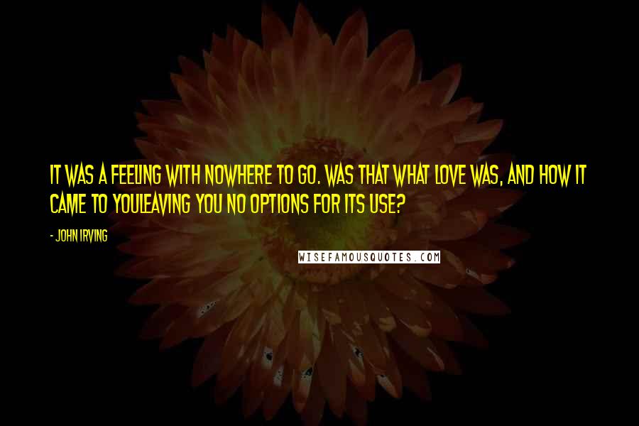 John Irving Quotes: It was a feeling with nowhere to go. Was that what love was, and how it came to youleaving you no options for its use?