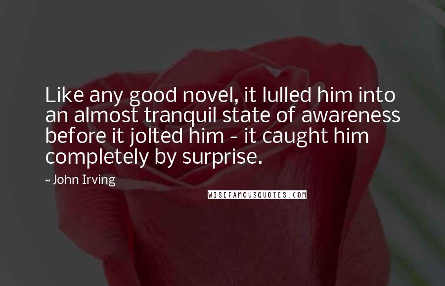 John Irving Quotes: Like any good novel, it lulled him into an almost tranquil state of awareness before it jolted him - it caught him completely by surprise.