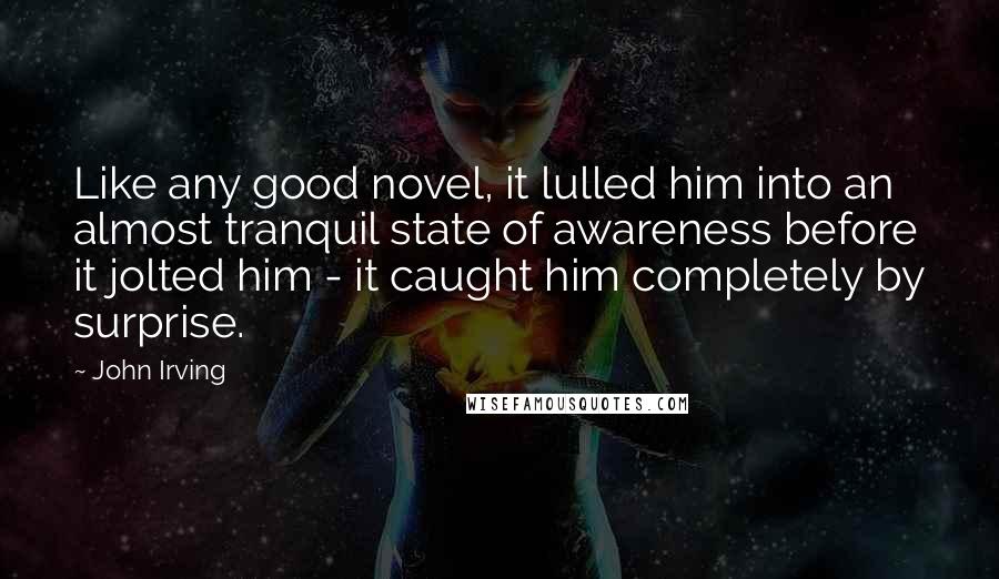 John Irving Quotes: Like any good novel, it lulled him into an almost tranquil state of awareness before it jolted him - it caught him completely by surprise.