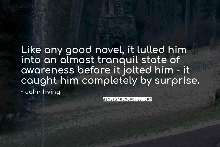 John Irving Quotes: Like any good novel, it lulled him into an almost tranquil state of awareness before it jolted him - it caught him completely by surprise.