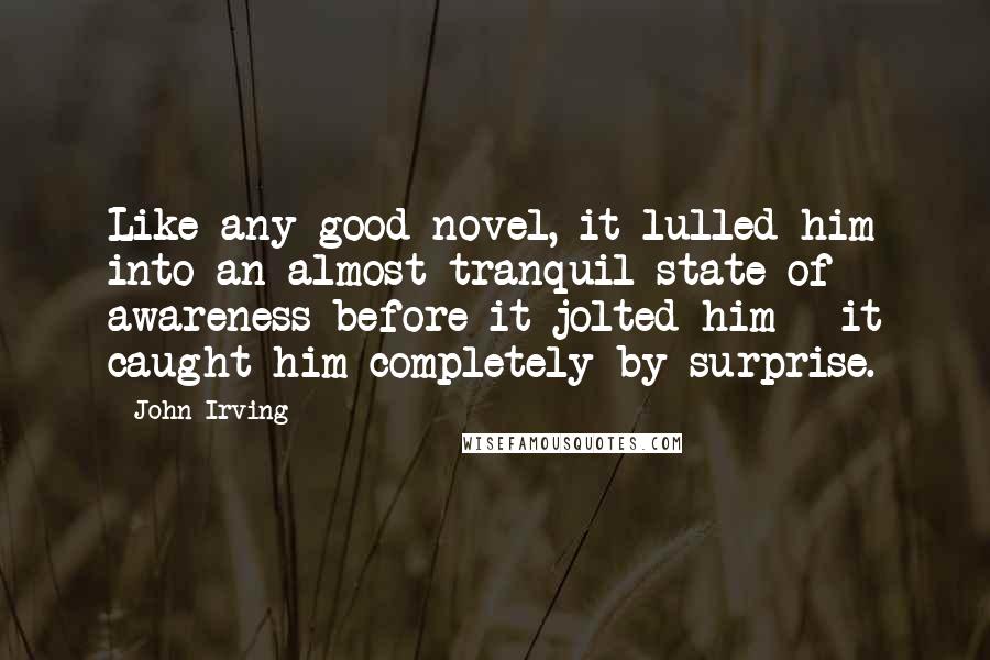 John Irving Quotes: Like any good novel, it lulled him into an almost tranquil state of awareness before it jolted him - it caught him completely by surprise.