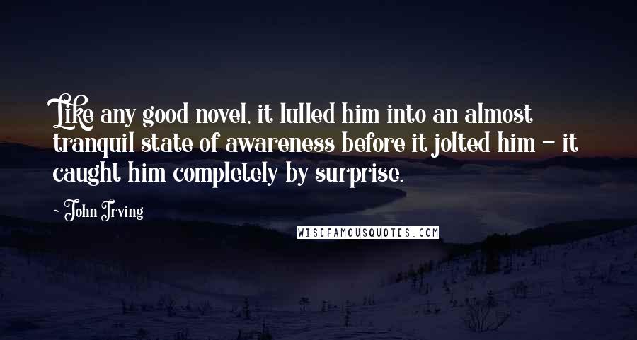 John Irving Quotes: Like any good novel, it lulled him into an almost tranquil state of awareness before it jolted him - it caught him completely by surprise.