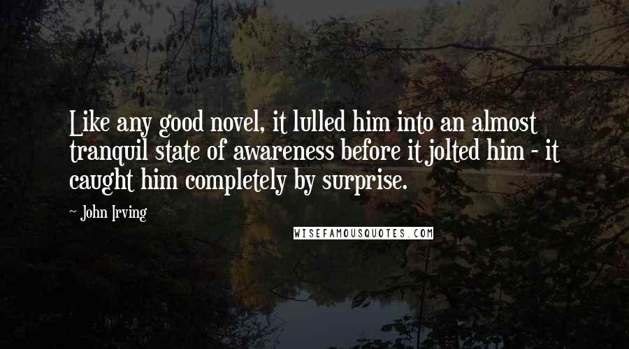 John Irving Quotes: Like any good novel, it lulled him into an almost tranquil state of awareness before it jolted him - it caught him completely by surprise.