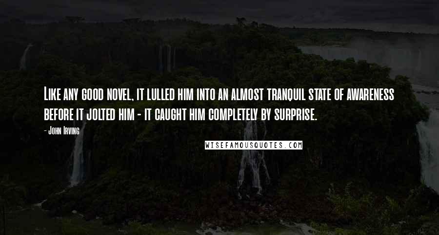 John Irving Quotes: Like any good novel, it lulled him into an almost tranquil state of awareness before it jolted him - it caught him completely by surprise.