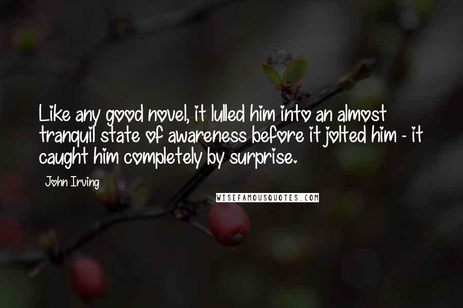 John Irving Quotes: Like any good novel, it lulled him into an almost tranquil state of awareness before it jolted him - it caught him completely by surprise.