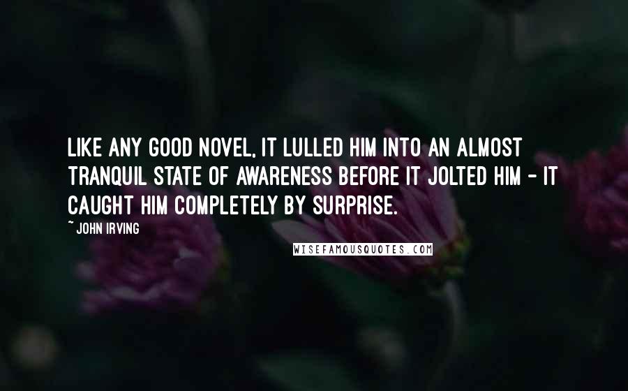 John Irving Quotes: Like any good novel, it lulled him into an almost tranquil state of awareness before it jolted him - it caught him completely by surprise.