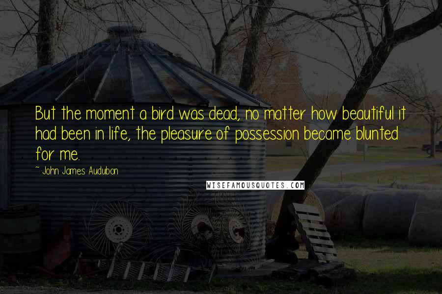 John James Audubon Quotes: But the moment a bird was dead, no matter how beautiful it had been in life, the pleasure of possession became blunted for me.