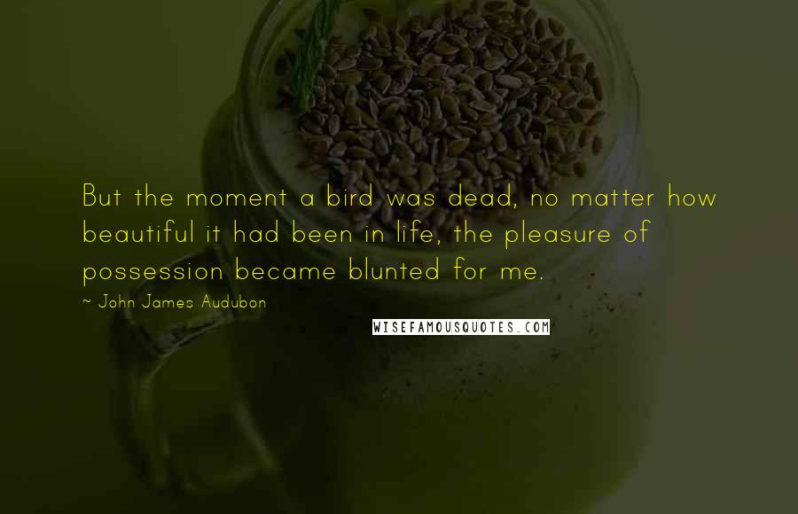 John James Audubon Quotes: But the moment a bird was dead, no matter how beautiful it had been in life, the pleasure of possession became blunted for me.