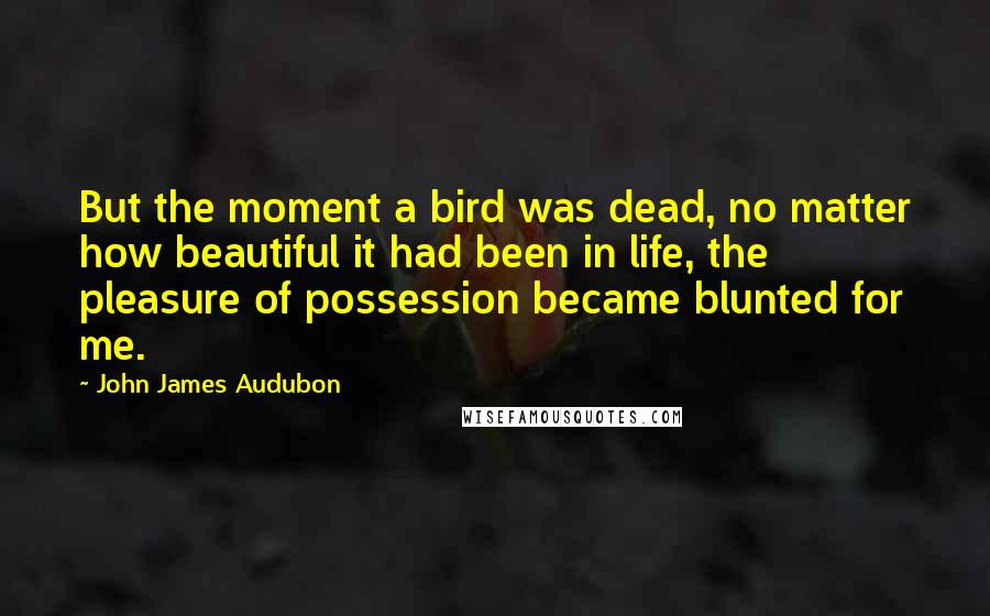 John James Audubon Quotes: But the moment a bird was dead, no matter how beautiful it had been in life, the pleasure of possession became blunted for me.