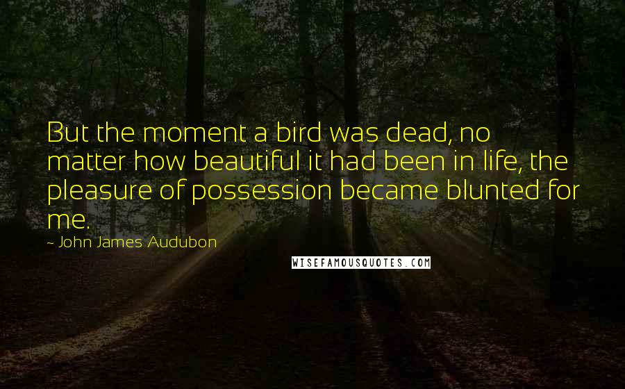 John James Audubon Quotes: But the moment a bird was dead, no matter how beautiful it had been in life, the pleasure of possession became blunted for me.