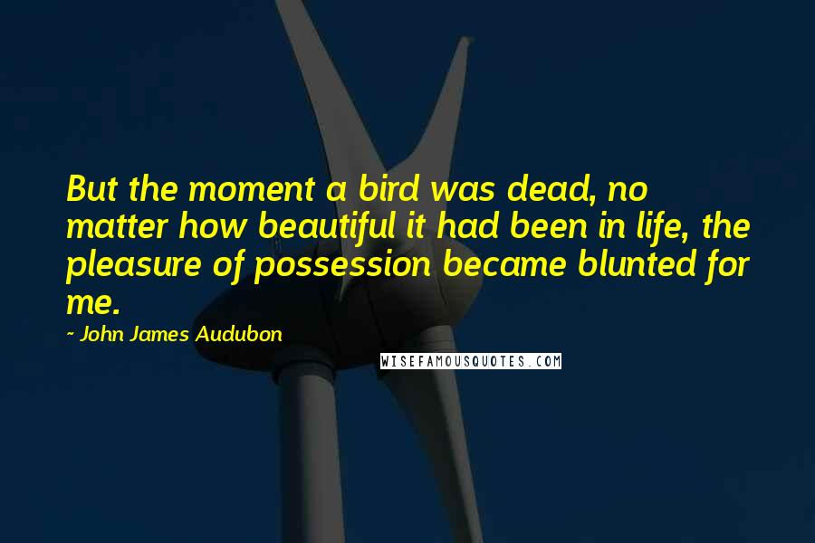 John James Audubon Quotes: But the moment a bird was dead, no matter how beautiful it had been in life, the pleasure of possession became blunted for me.