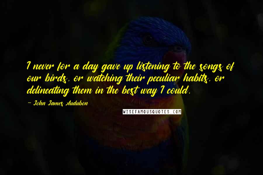 John James Audubon Quotes: I never for a day gave up listening to the songs of our birds, or watching their peculiar habits, or delineating them in the best way I could.