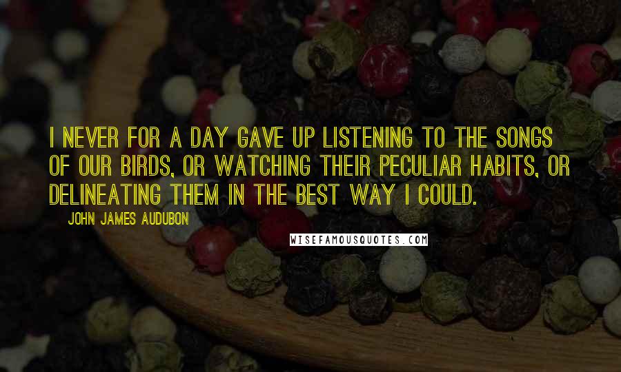 John James Audubon Quotes: I never for a day gave up listening to the songs of our birds, or watching their peculiar habits, or delineating them in the best way I could.