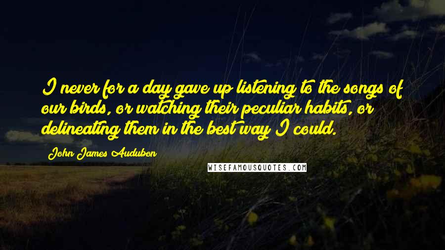 John James Audubon Quotes: I never for a day gave up listening to the songs of our birds, or watching their peculiar habits, or delineating them in the best way I could.