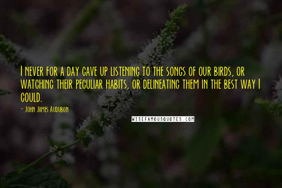 John James Audubon Quotes: I never for a day gave up listening to the songs of our birds, or watching their peculiar habits, or delineating them in the best way I could.