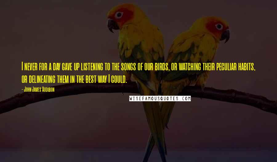 John James Audubon Quotes: I never for a day gave up listening to the songs of our birds, or watching their peculiar habits, or delineating them in the best way I could.