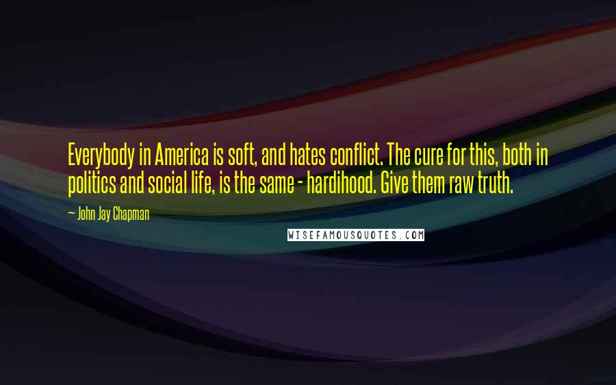 John Jay Chapman Quotes: Everybody in America is soft, and hates conflict. The cure for this, both in politics and social life, is the same - hardihood. Give them raw truth.