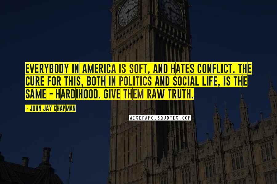 John Jay Chapman Quotes: Everybody in America is soft, and hates conflict. The cure for this, both in politics and social life, is the same - hardihood. Give them raw truth.