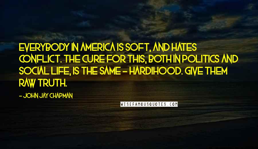 John Jay Chapman Quotes: Everybody in America is soft, and hates conflict. The cure for this, both in politics and social life, is the same - hardihood. Give them raw truth.