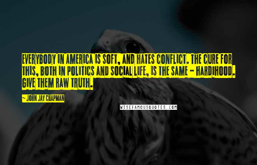 John Jay Chapman Quotes: Everybody in America is soft, and hates conflict. The cure for this, both in politics and social life, is the same - hardihood. Give them raw truth.